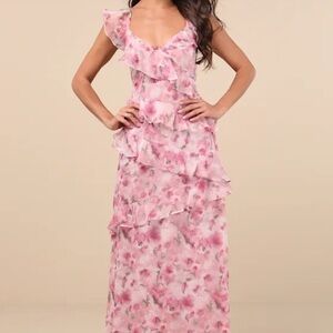 Lulus Evangeline Pink Floral Ruffled Maxi Dress